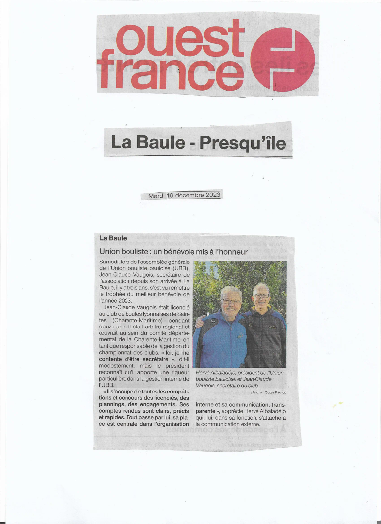 Article de presse Ouest-France  du 19 décembre 2023