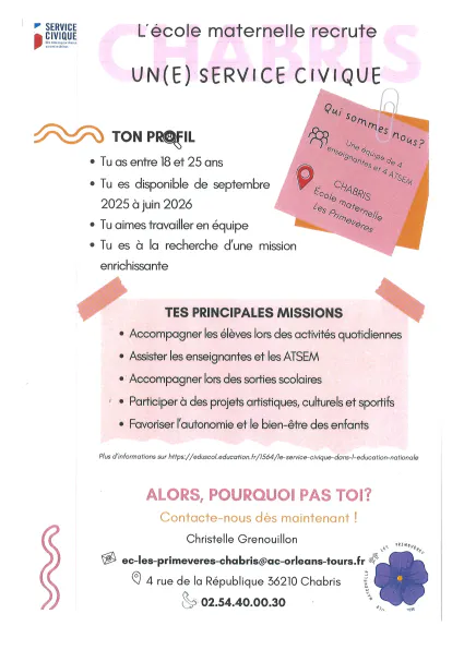 Ecole les Primevères : recrutement d'un(e) service civique