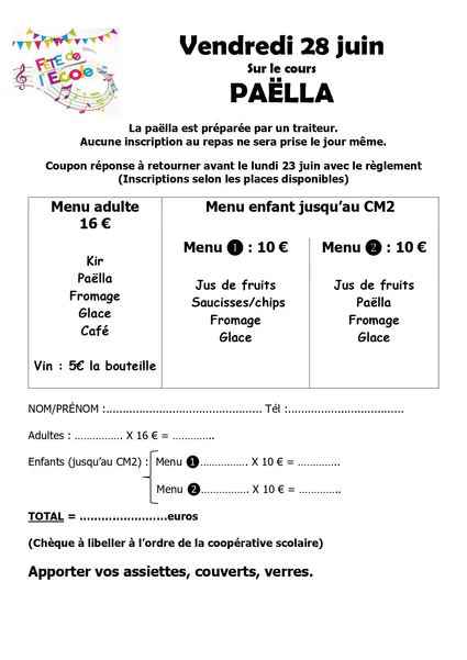 Fête de l'école le 28 juin sur le cours