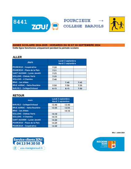 Horaire des bus collège - 2 et 3 septembre