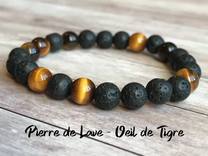 Bracelet oeil de tigre pierre de lave sur fil elastique