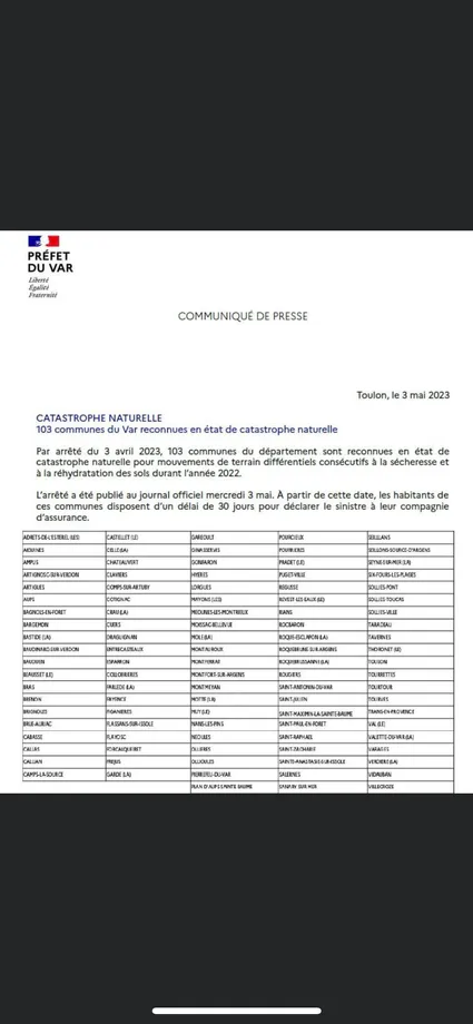 Arrêté catastrophe naturelle 2022