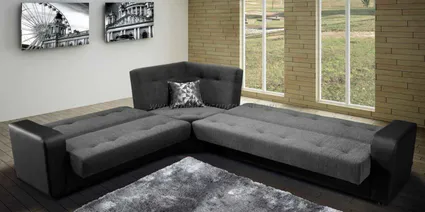 Canape d angle en tissu gris ouvert pour avoir 2 couchages
