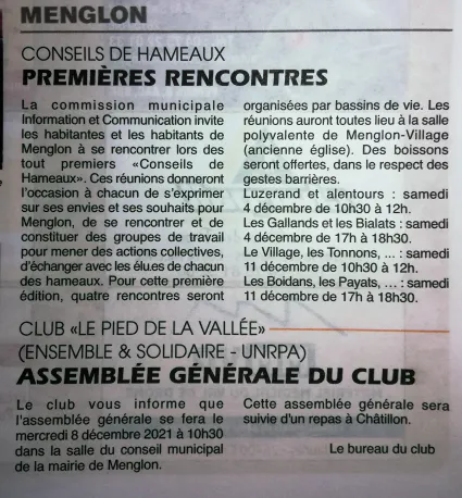 Conseils des hameaux / Club "Le Pied de la Vallée"