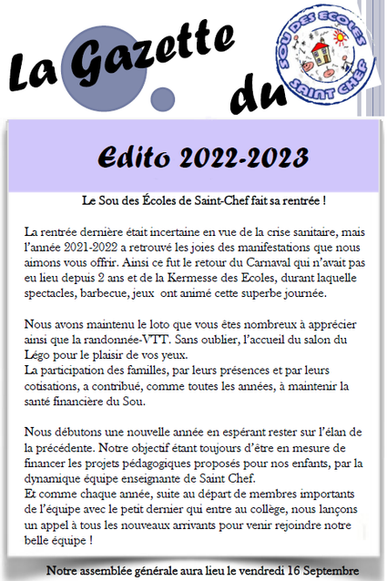 La gazette du sou des écoles de St chef - édito 2022-2023