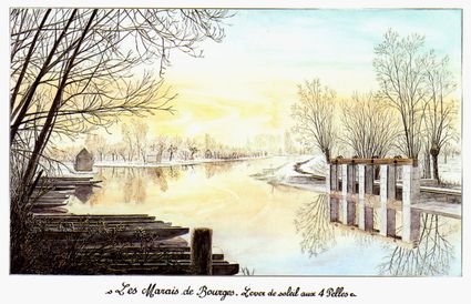 1999 les marais de bourges lever de soleil aux 4 pelles aquarelle patrice bidaux