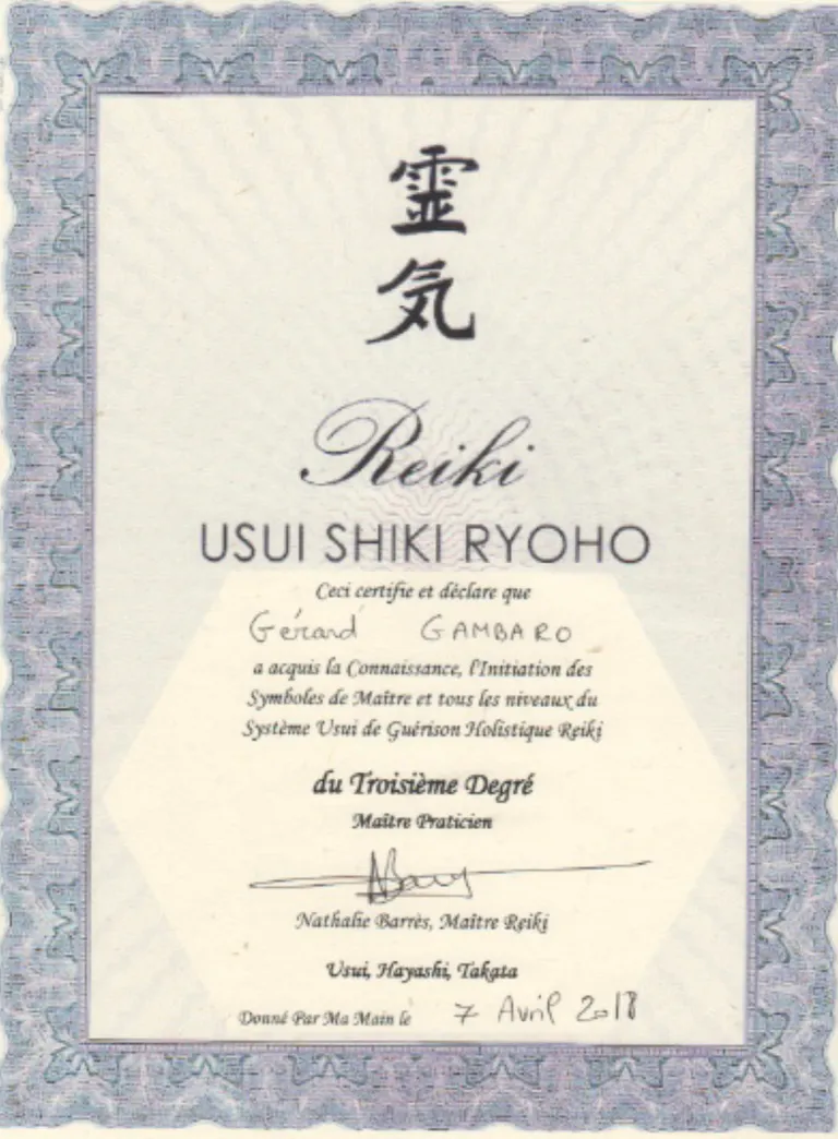 Attestation initiation reiki 3 gerard gambaro reiki connexion