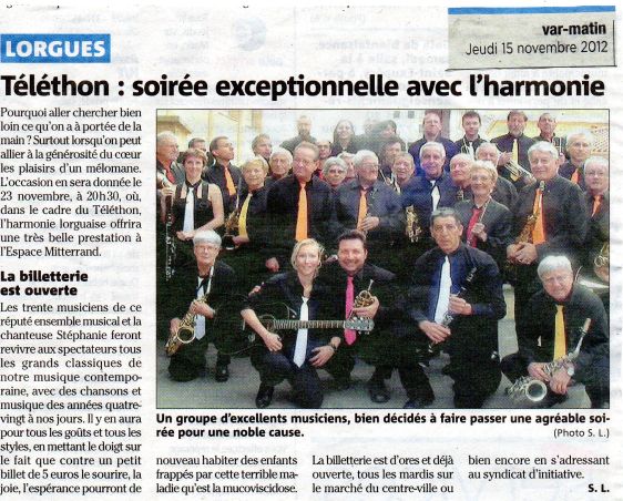 Var-matin du 15 novembre 2012 : "Téléthon : soirée exceptionnelle avec l'harmonie"