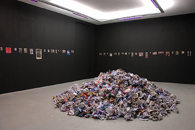 Alexey Kallima, "Les Barbes (The Beards)", phosphorescent ink on press clipping and AC lights, 2008, exhibition view. Courtesy: the artist and Anne de Villepoix gallery, Paris