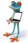1104125 Clipart 3d Turqoise Springer Frog Holding A Laptop Computer With A Blank Screen 2 Royalty Free CGI Illustration