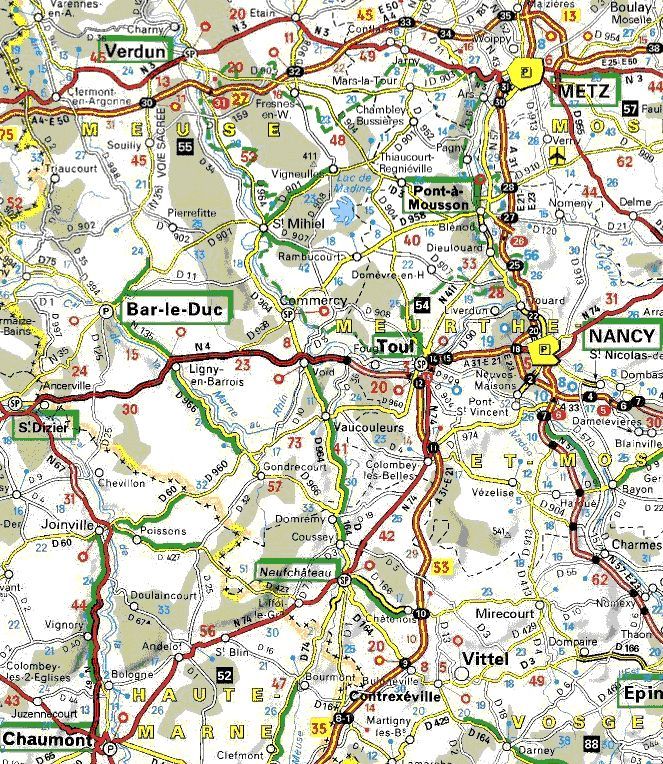 Carte de la Meuse, le chemin de grande randonnées GR714 à 2km (rejoint le GR14 à Bar-le-Duc et le GR7 à Vittel) 