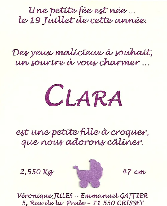 Faire part naissance clara carte interieure