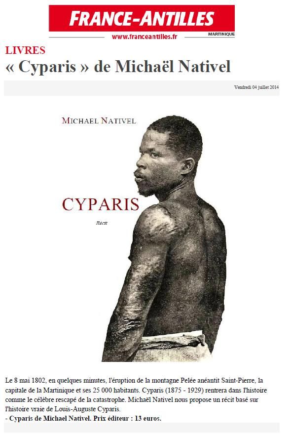 Cyparis parution du livre de michael nativel dans le france antilles