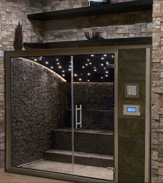 cabine de hammam carrelée vue de l’extérieur