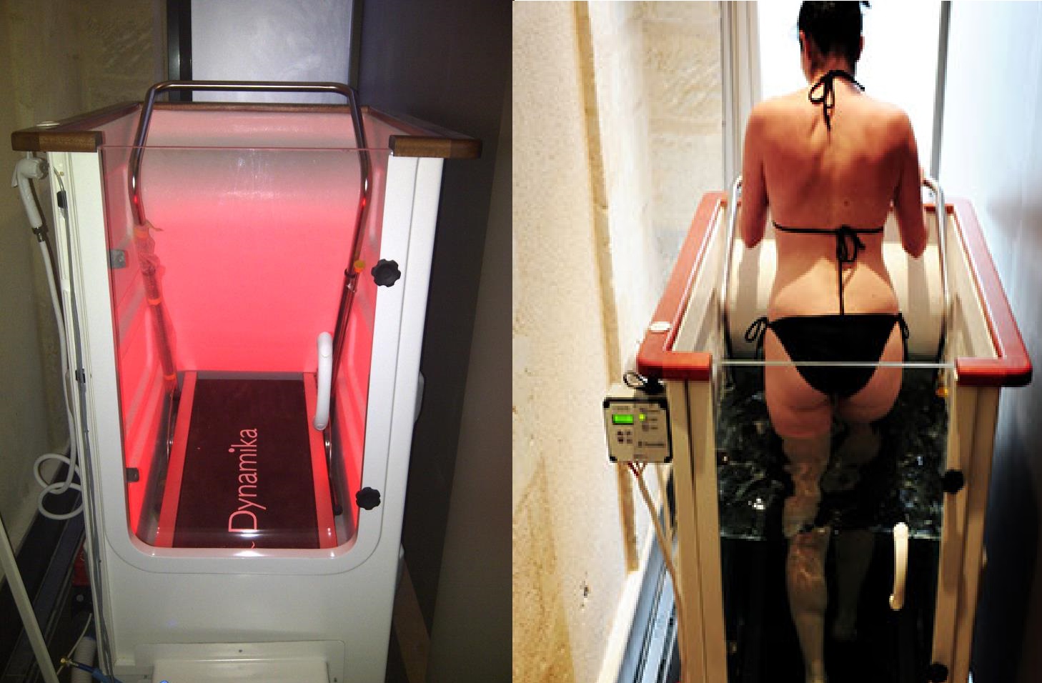 une sportive dans une cabine aquajogger qui marche sur le tapis pour activer sa récupération 