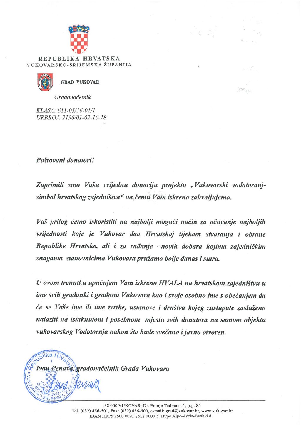 Pismo zahvale grada Vukovara 2016 