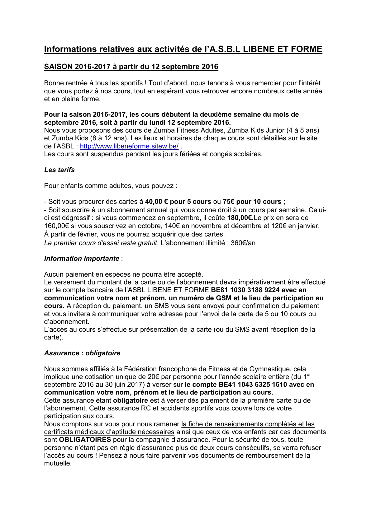 20160825 Infos rentree 2016 2017 Cours collectifs ASBL Libene et Forme1