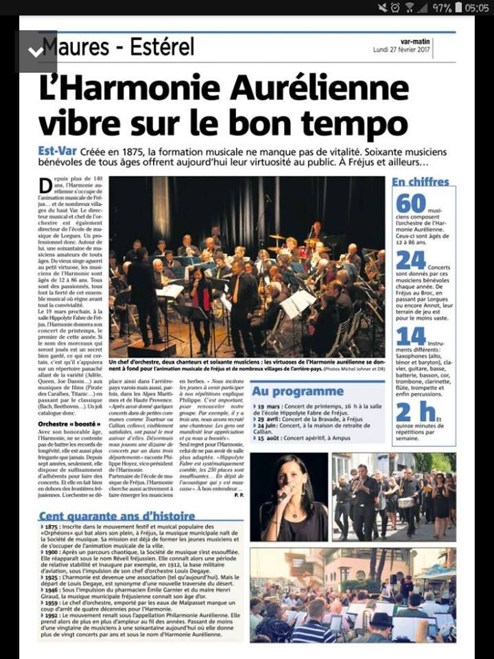 Var-Matin du 27 février 2017 : "l'Harmonie Aurélienne vibre sur le bon tempo"