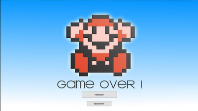 Game Over ! Cet écran s'affiche lorsque le joueur tombe dans le vide ou termine le niveau