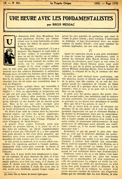 Régis Messac, « une Heure avec les fondamentalistes », le Progrès civique, n° 381, 14 déc. 1926.
