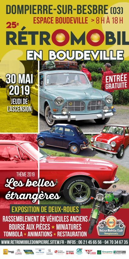 Affiche du 25e RETRO MOBIL’ EN BOUDEVILLE à Dompierre-sur-Besbre, le 30 mai 2019, jeudi de l'Ascension