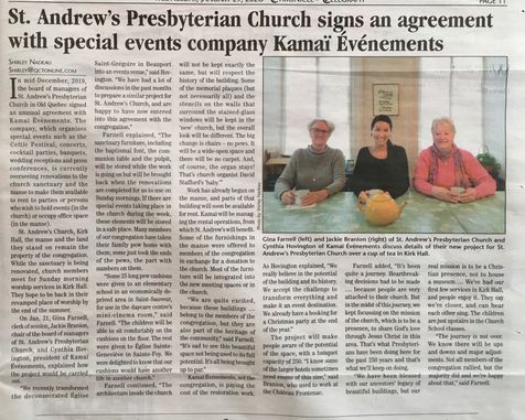 January 29, 2020 Article from the Chonicle Telegraph by Shirley Nadeau.
« St. Andrew’s Presbyterian Church signs agreement with special events company Kamaï événements »