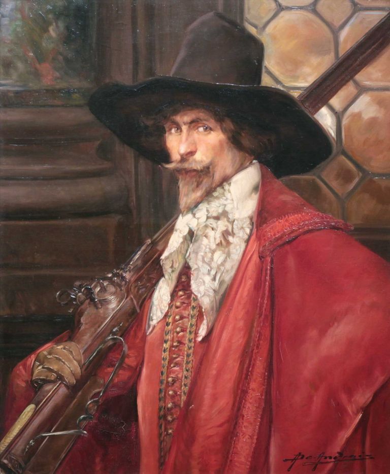 Cavalier in an interior holding a musket by alex de andreis