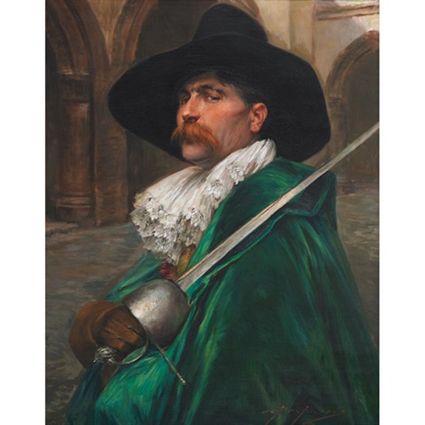 Alex de andreis musketeer in a green cape on guard