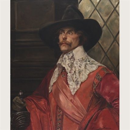 Alex de andreis cavalier in a red cloak before a leaded window