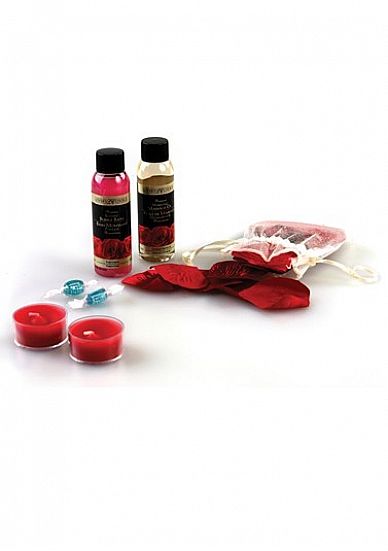 Contenu: Pétales de rose en soie parfumées, lotion de massage, bain moussant, bougies chauffe-plat, bonbons menthe stimulante et guide de conseils romantiques.