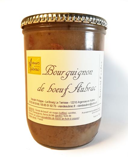 Ingrédients : Viande de boeuf, vin rouge (sulfite), carottes, oignons, champignons, farine de blé (gluten), huile de tournesol, sel, poivre (possibilités de traces de fruits à coques)
Origine viande : France, Aveyron