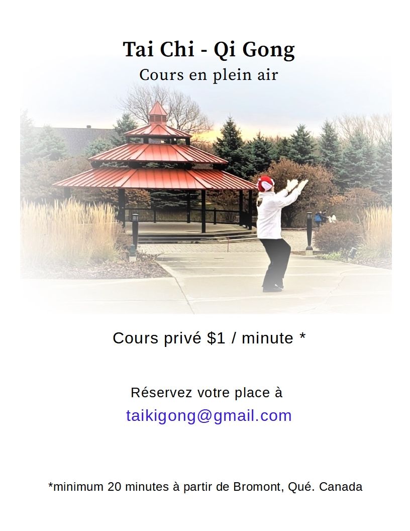 Cours de tai-chi
Cours de Qi gong
en plein air  $1 / minute
minimum de 20 minutes à partir de Bromont, Québec Canada

Réservez votre place
taikigong@gmail.com

site web : taikigong.com
Facebook : tai ki gong
Vk : tai ki gong