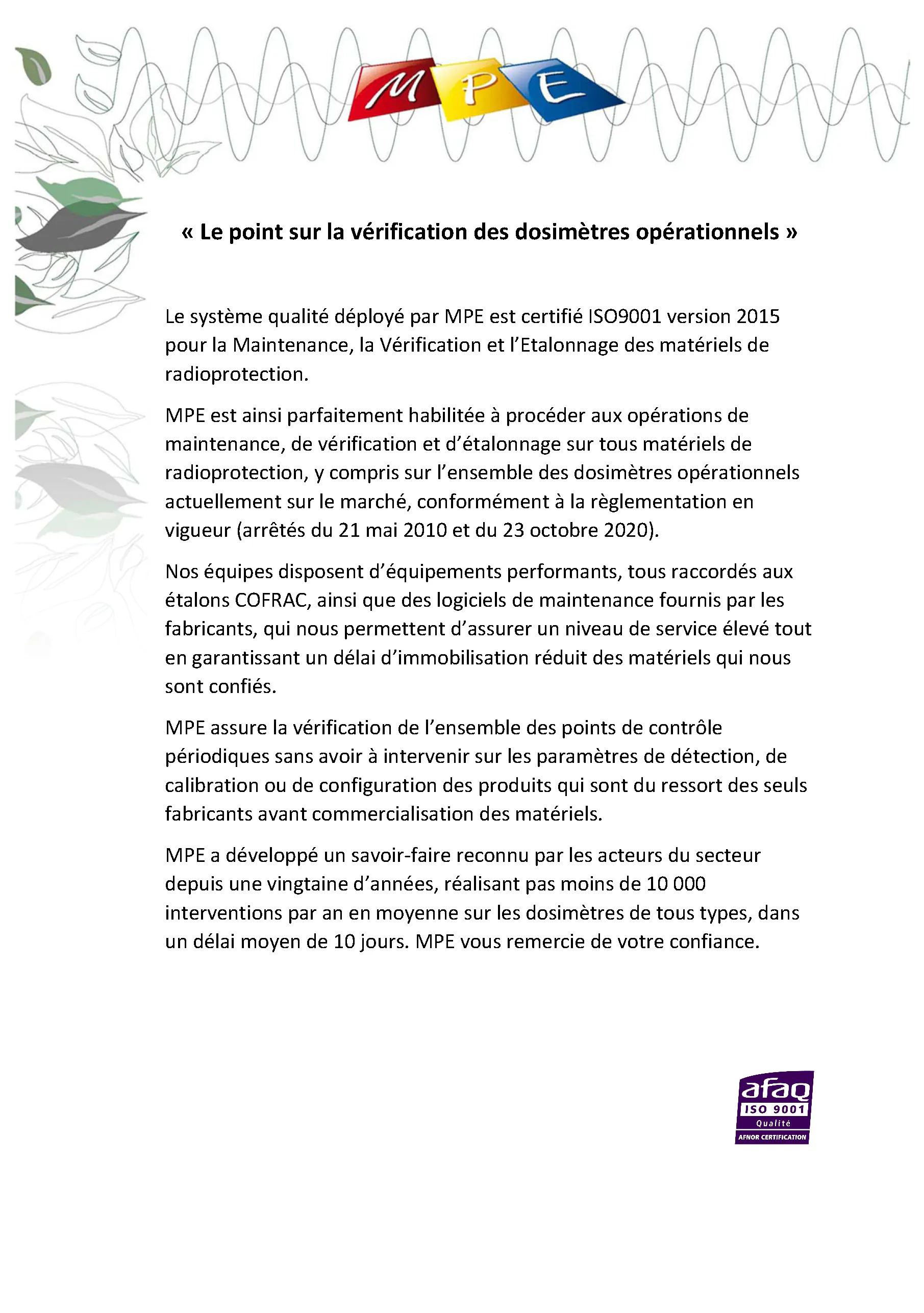 Le point sur la vérification des dosimètres opérationnels