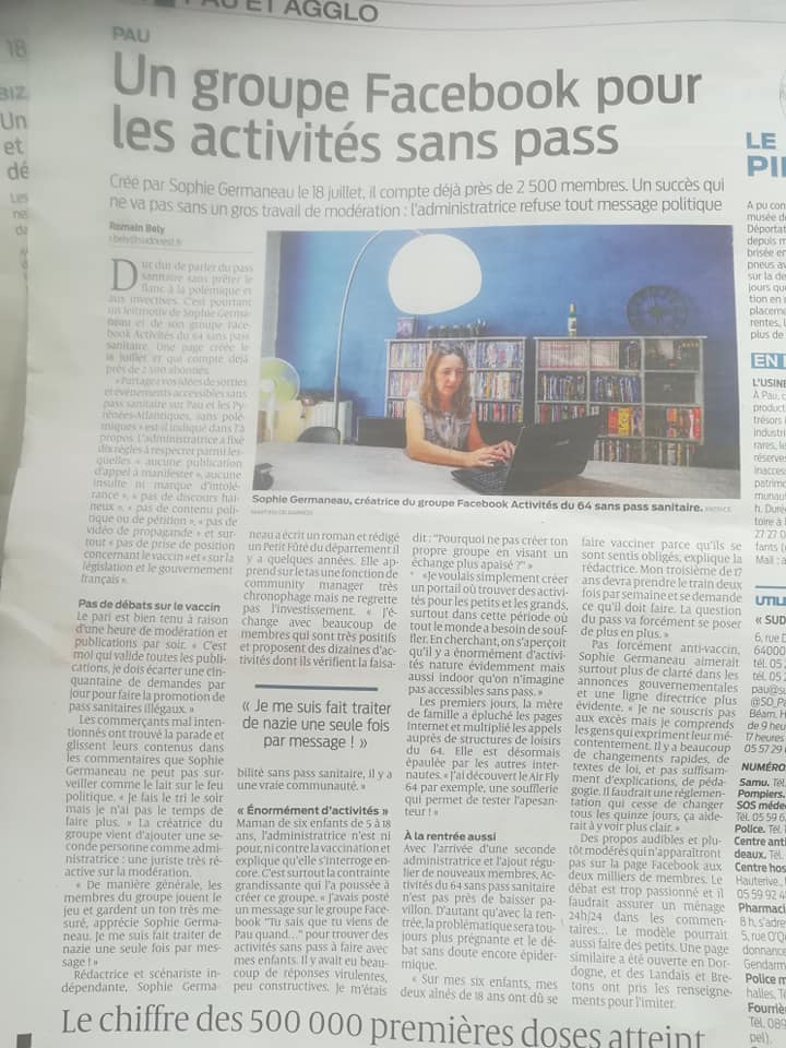 Article du journal Sud-Ouest: Sophie Germaneau community manager d'un groupe Facebook