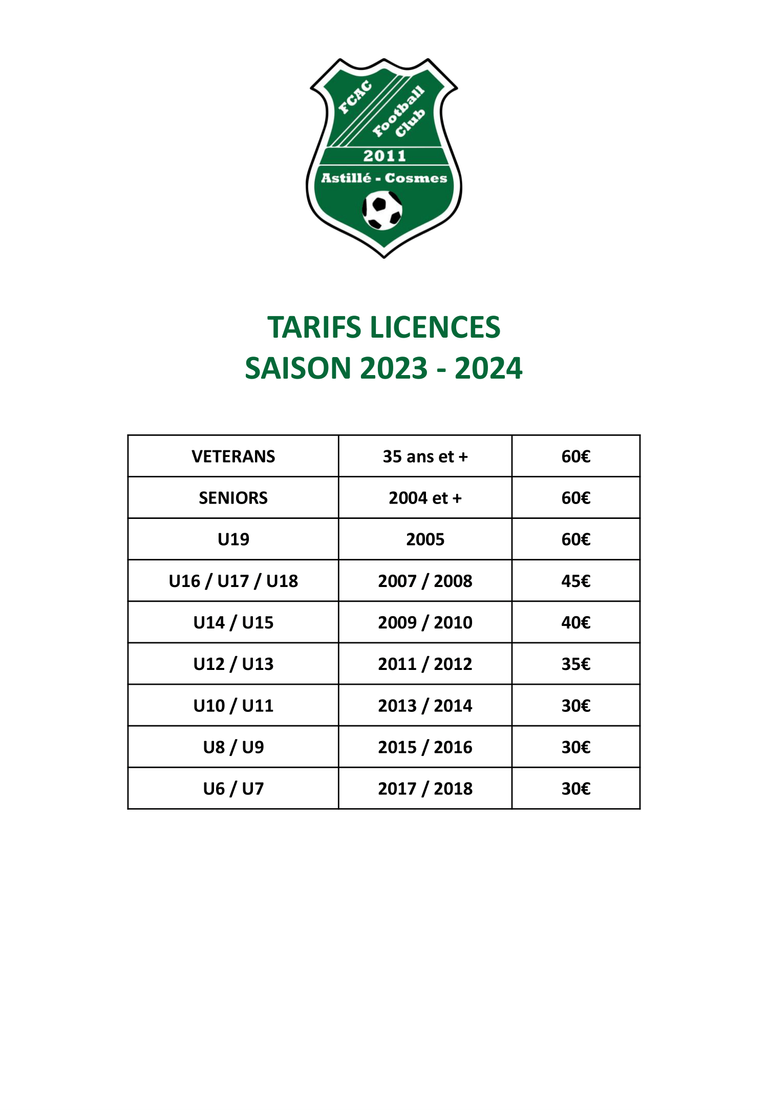 Tarifs licences fcac 2023 2024 1