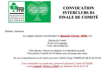 CONVOCATION à L'INTERCLUB  D4 - FINALE DE COMITE