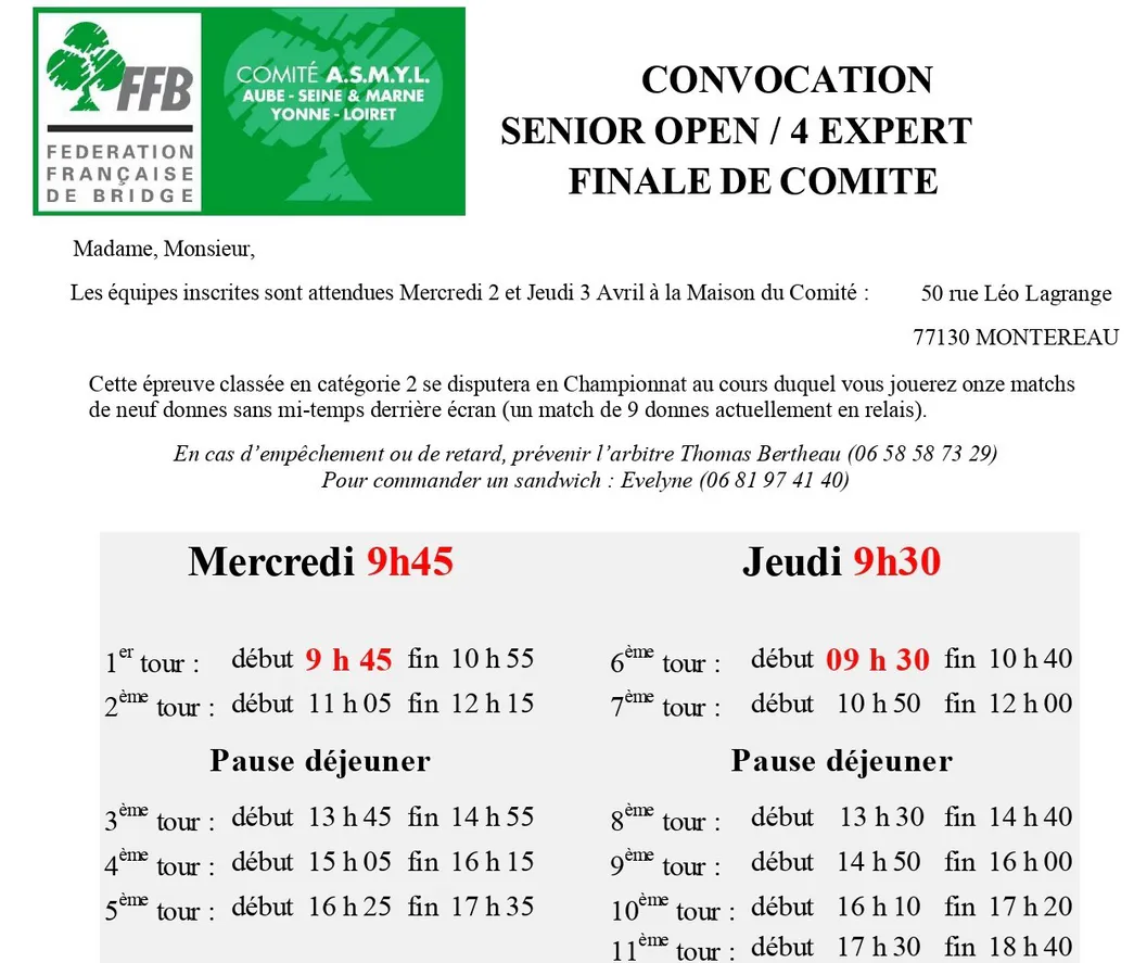 CONVOCATION  SENIOR OPEN / 4 EXPERT FINALE DE COMITE