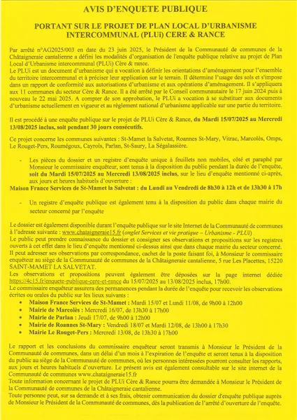 ENQUĂTE PUBLIQUES PLUI CERE ET RANCE