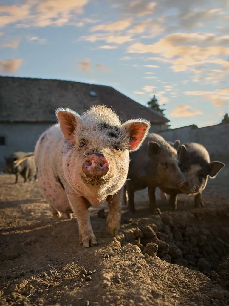 Photo cochon regarde camera couche soleil