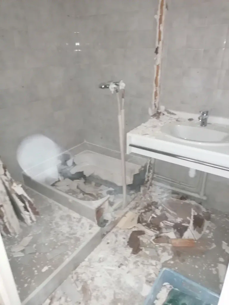 Demolition complete d une salle de bain existante comprenant meuble vasque pmr miroir cloison placoplatre bac de douche a reze