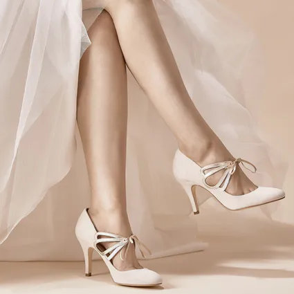 Rachel simpson octavia blush ivory suede mary jane wedding shoes modelled 1400x1400