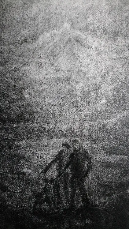 Fusain paysage montagne personnages