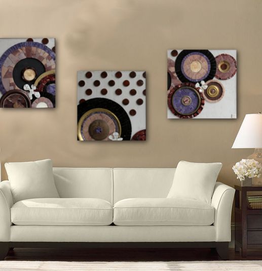 mosaique - tableau - disques graphiques - triptyque - cercle - laiton - violet - noir - verre - doré - bijoux ancien - ora mosaiques.