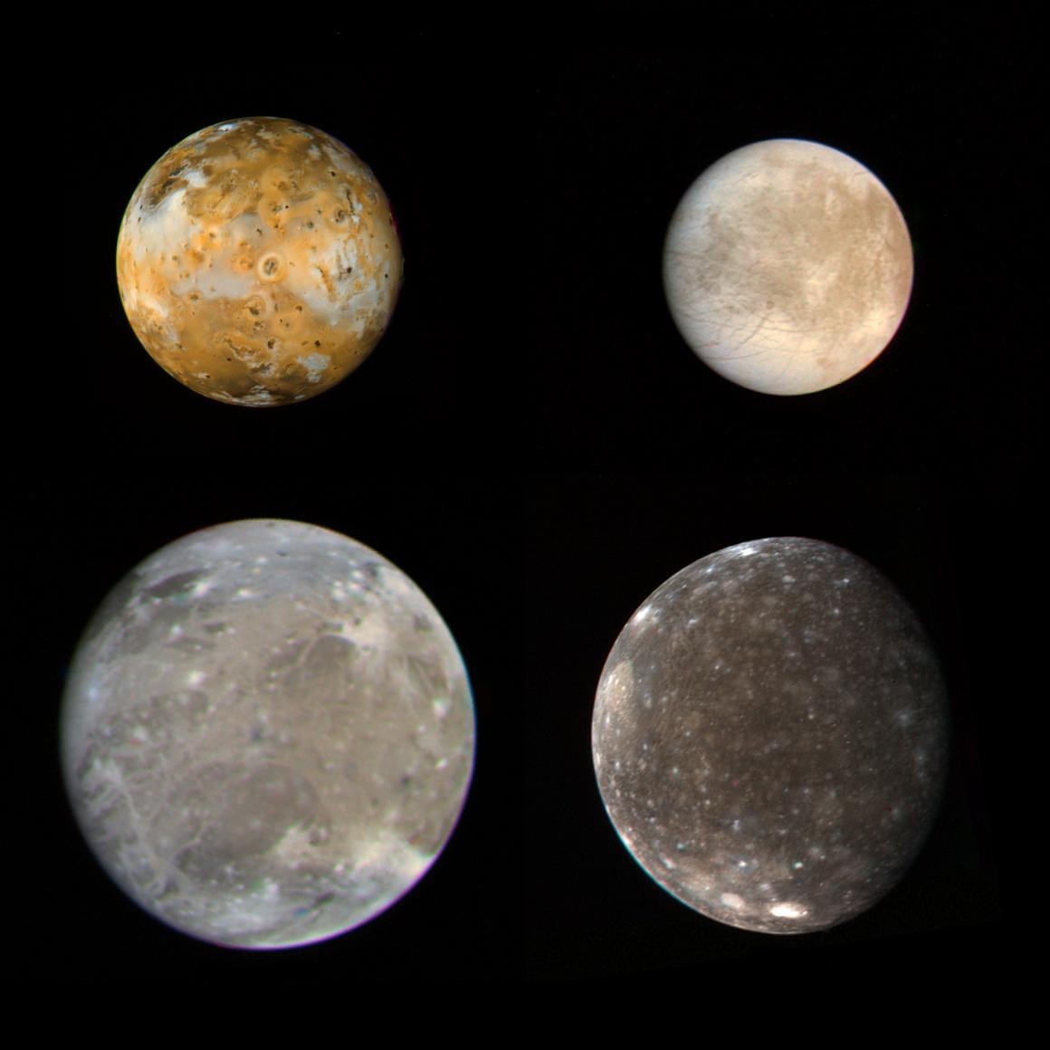 1 les 4 satellites galileens io et europe en haut ganymede et callisto en bas 