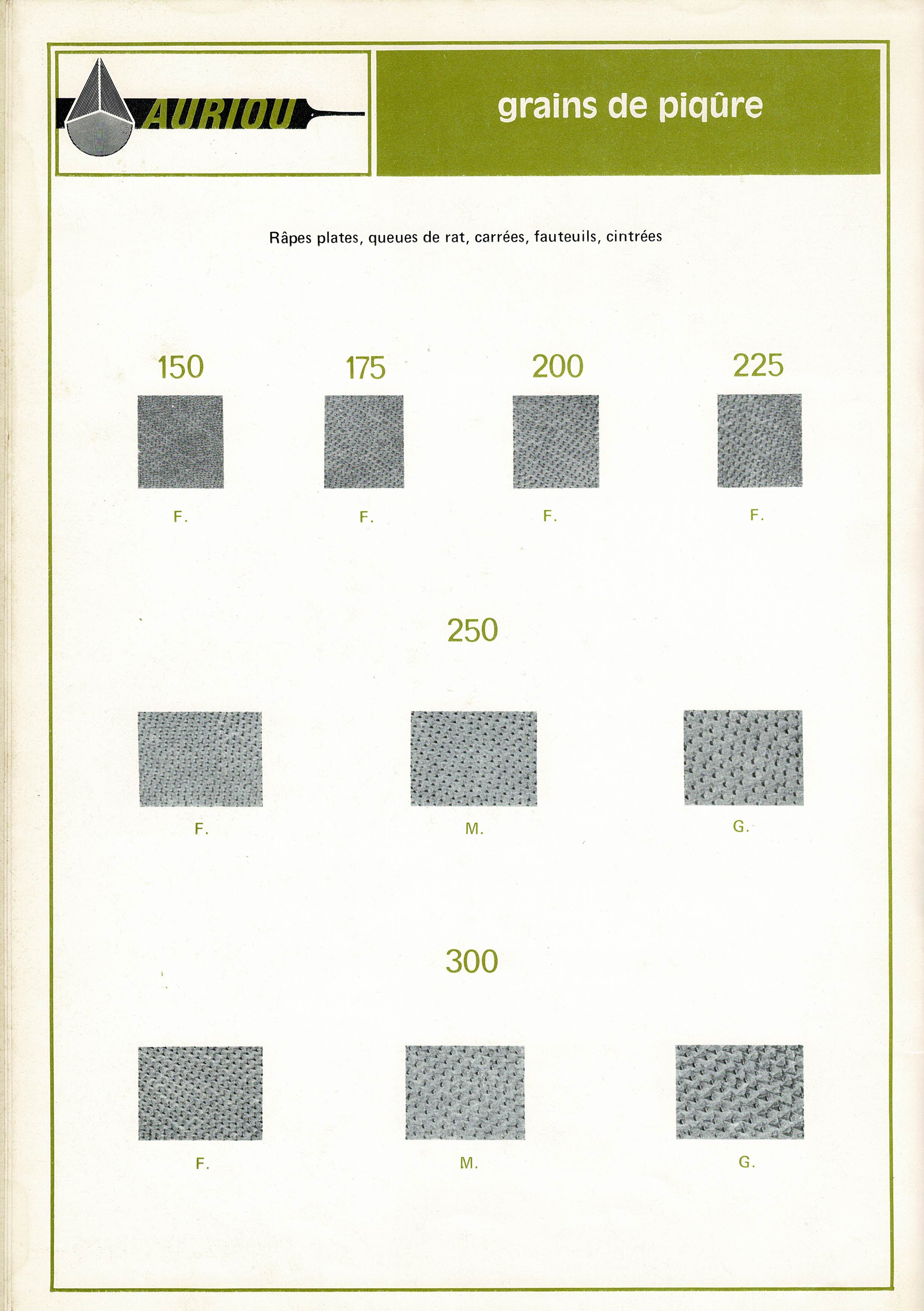 Un extrait d'un de nos catalogues des années 70 ou 80 : présentatio ndes différents grains de piqûre des râpes plates, queues de rat, fauteuils et cintrées.