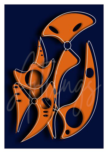 Composition abstraite de Colby et Fara, Artlings futuristes et minimalistes, en formes organiques orange avec des orifices ronds et une fine ligne blanche sur fond bleu profond.

