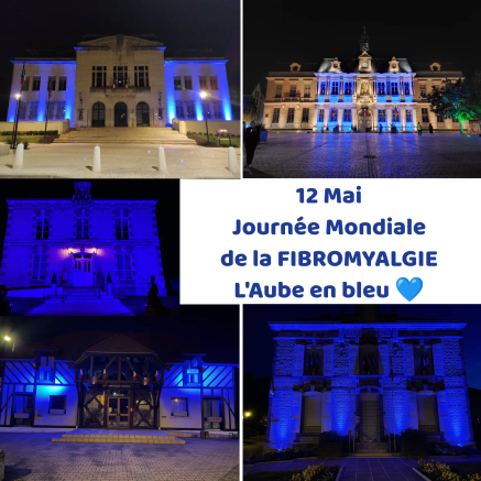 12 mai 2022 : Eclairage en bleu des hôtels de ville de Troyes Champagne Métropole par l'Association Fibromyalgie Aube pour la 29ème Journée Mondiale de la Fibromyalgie. 