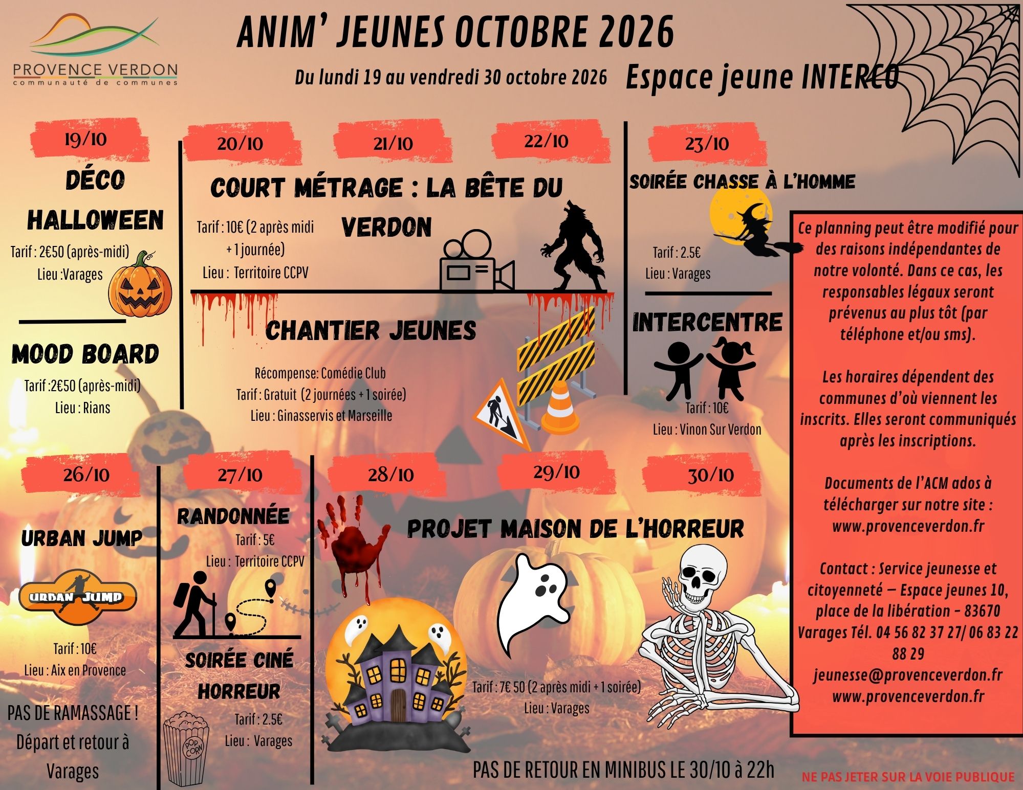planning des animations jeunes d'octobre