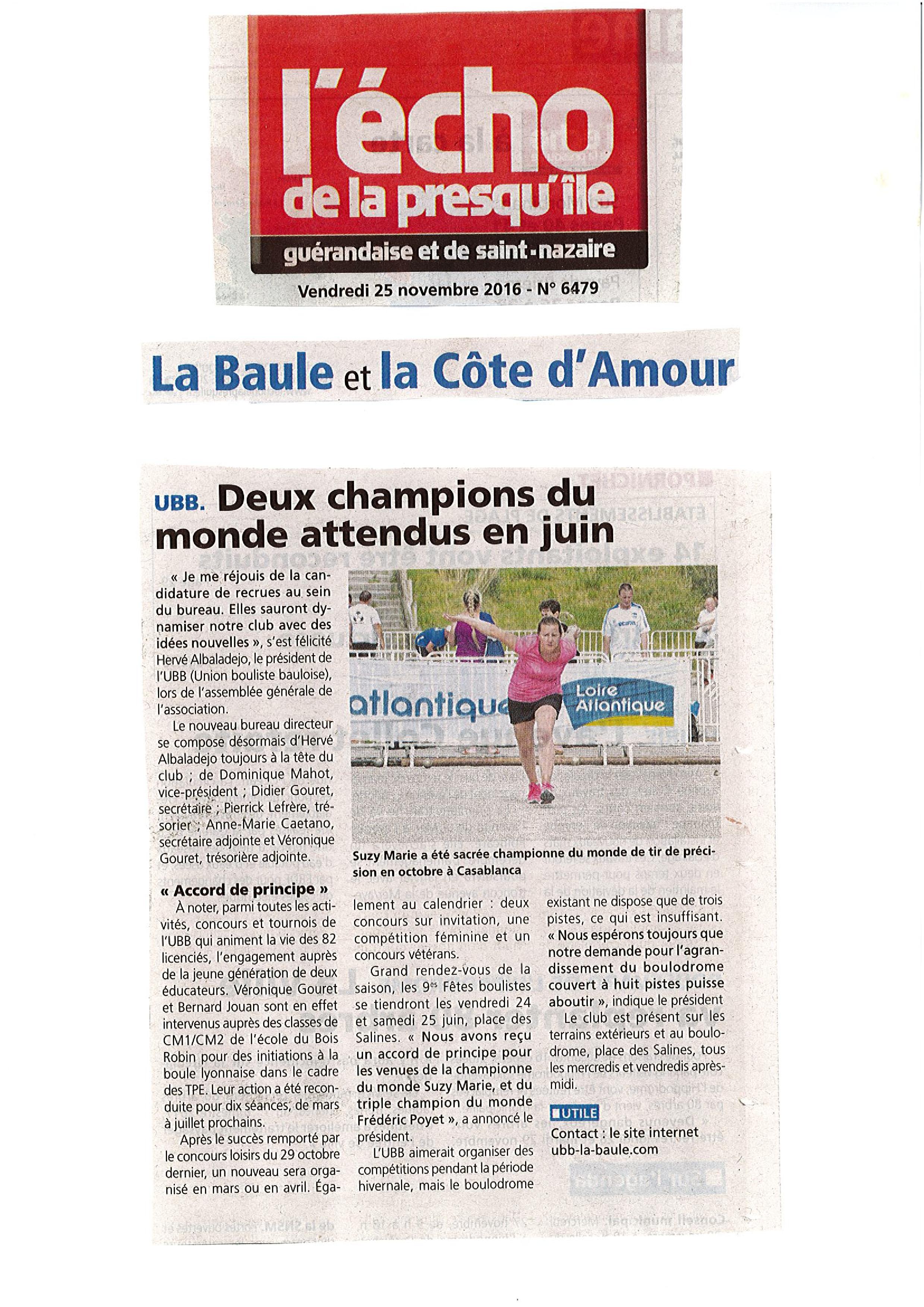 Article Echo de la Presqu ile AG UBB du 19 nov 2016 page 001