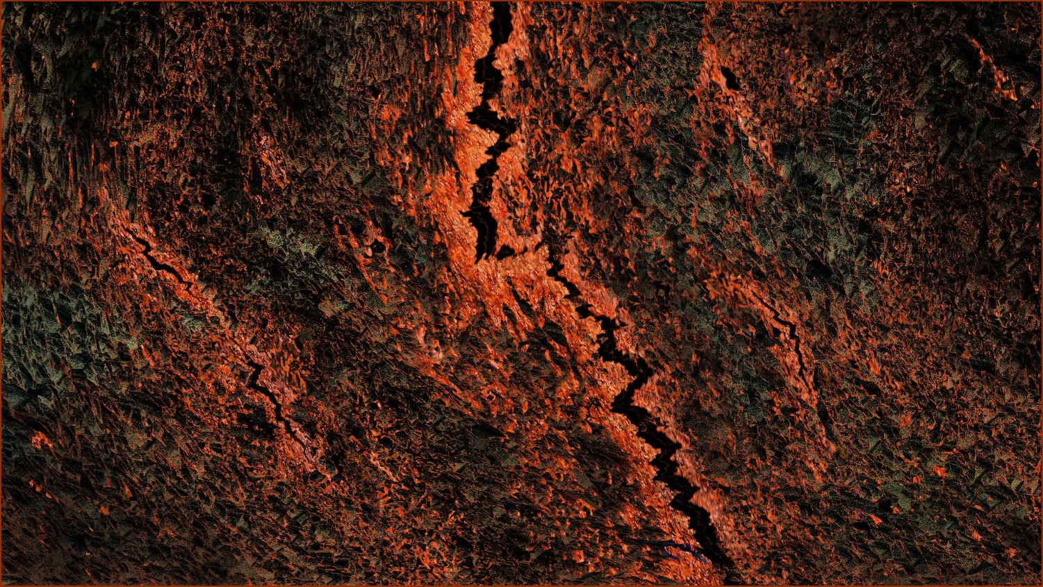 Peinture numérique abstraite. Des fissures noires et irrégulères divisent un fond rougeoyant très texturé et sombre.